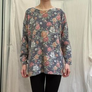 Pastel Blue, Pink, Gold and Green Floral Print Sweater Vintage 90s Cottagecore